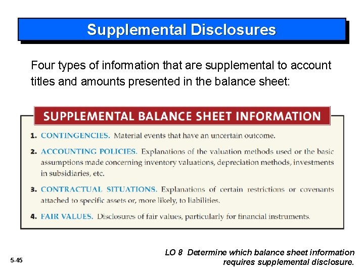 Supplemental Disclosures Four types of information that are supplemental to account titles and amounts