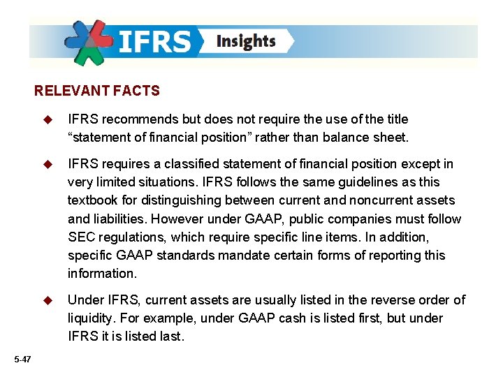 RELEVANT FACTS 5 -47 u IFRS recommends but does not require the use of