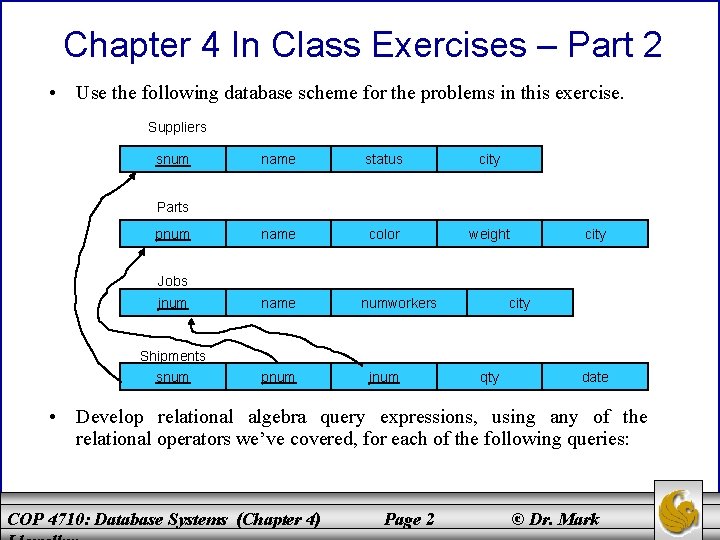 Chapter 4 In Class Exercises – Part 2 • Use the following database scheme