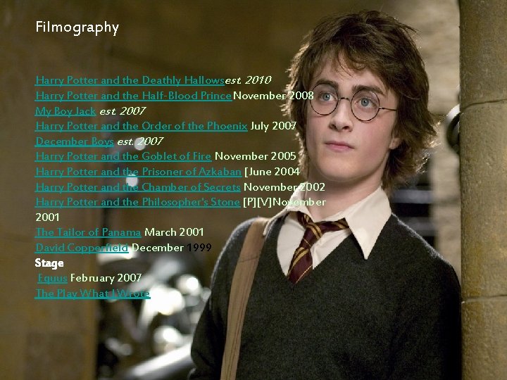Filmography Harry Potter and the Deathly Hallowsest. 2010 Harry Potter and the Half-Blood Prince.