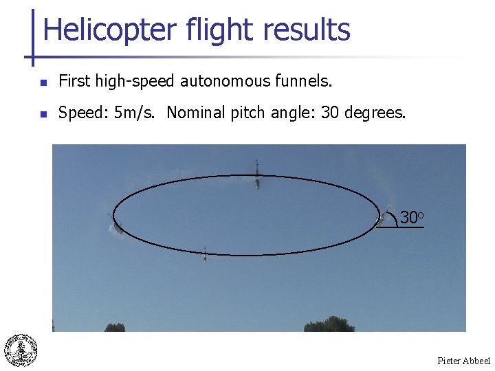 Helicopter flight results n First high-speed autonomous funnels. n Speed: 5 m/s. Nominal pitch