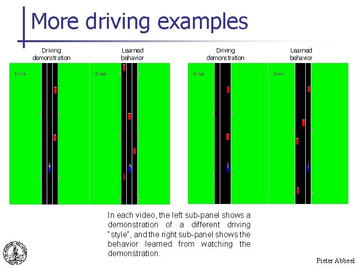 More driving examples Driving demonstration Learned behavior Driving demonstration In each video, the left