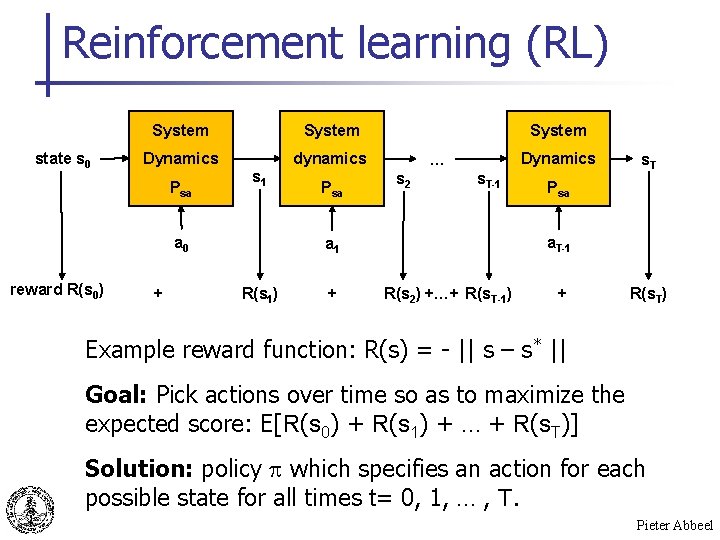 Reinforcement learning (RL) state s 0 System Dynamics dynamics Psa s 1 a 0