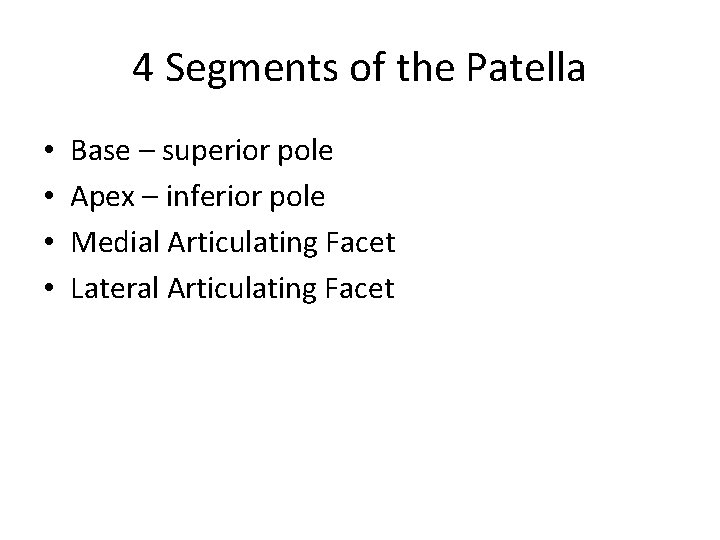 4 Segments of the Patella • • Base – superior pole Apex – inferior