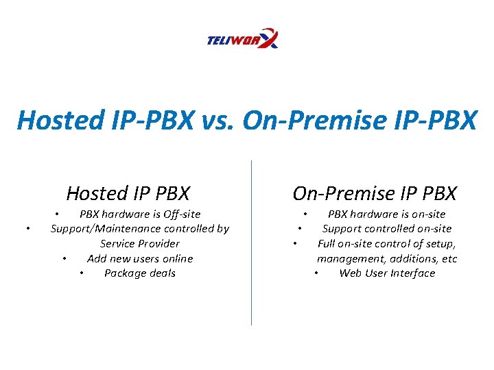 Hosted IP-PBX vs. On-Premise IP-PBX Hosted IP PBX • • PBX hardware is Off-site
