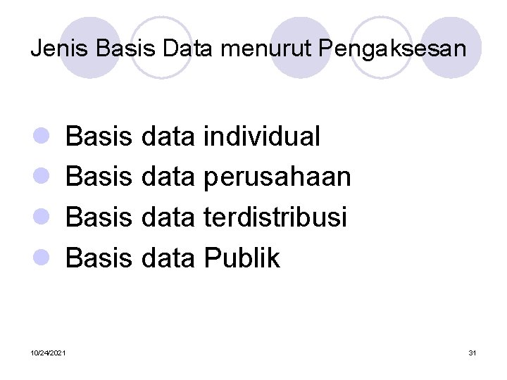 Jenis Basis Data menurut Pengaksesan l l Basis data individual Basis data perusahaan Basis