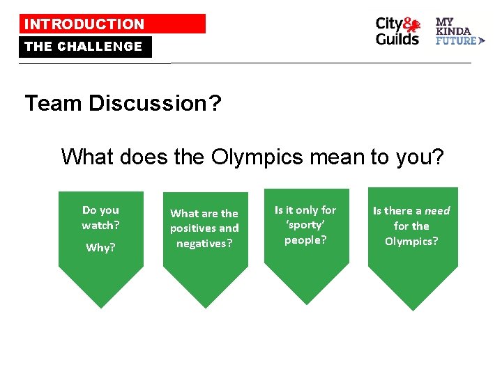 INTRODUCTION THE CHALLENGE Team Discussion? What does the Olympics mean to you? Do you