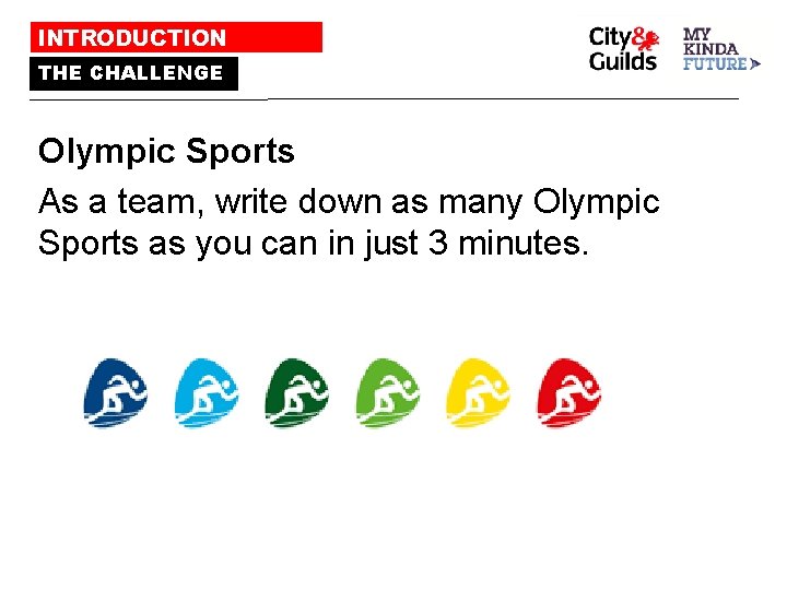 INTRODUCTION THE CHALLENGE Olympic Sports As a team, write down as many Olympic Sports