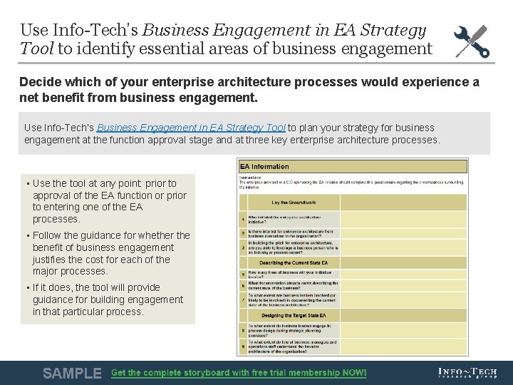 Use Info-Tech’s Business Engagement in EA Strategy Tool to identify essential areas of business