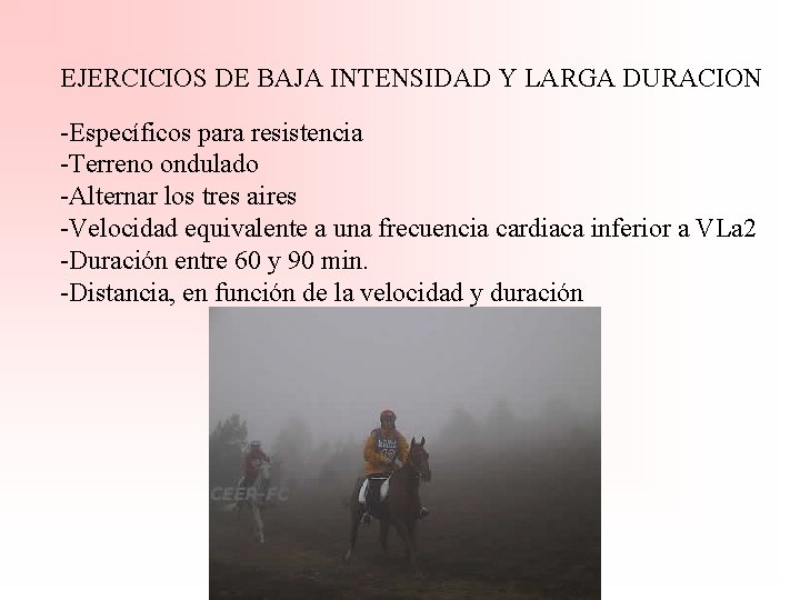 EJERCICIOS DE BAJA INTENSIDAD Y LARGA DURACION -Específicos para resistencia -Terreno ondulado -Alternar los