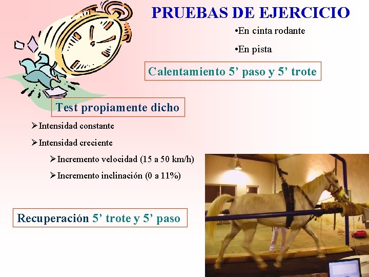 PRUEBAS DE EJERCICIO • En cinta rodante • En pista Calentamiento 5’ paso y