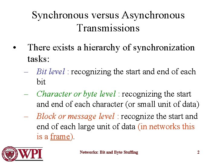 Synchronous versus Asynchronous Transmissions • There exists a hierarchy of synchronization tasks: – Bit