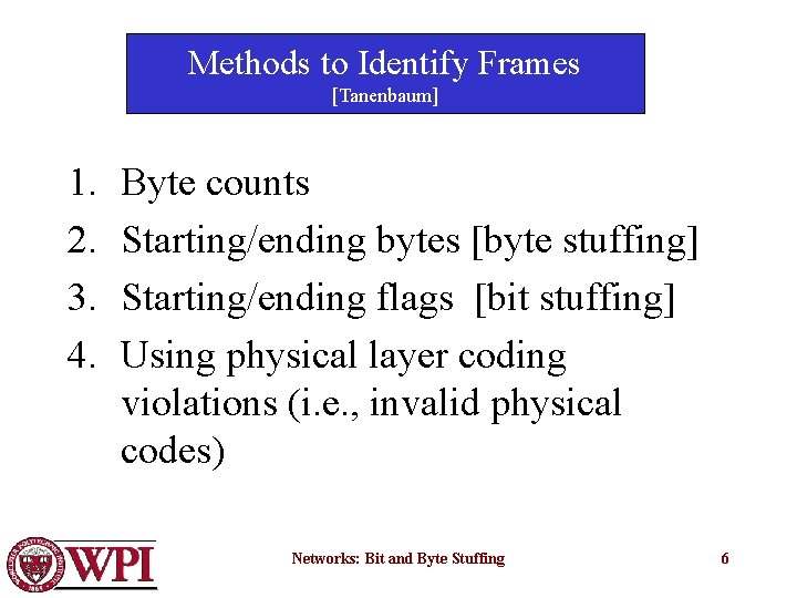 Methods to Identify Frames [Tanenbaum] 1. 2. 3. 4. Byte counts Starting/ending bytes [byte