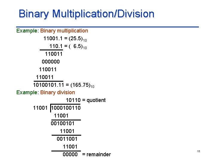 Binary Multiplication/Division Example: Binary multiplication 11001. 1 = (25. 5)10 110. 1 = (