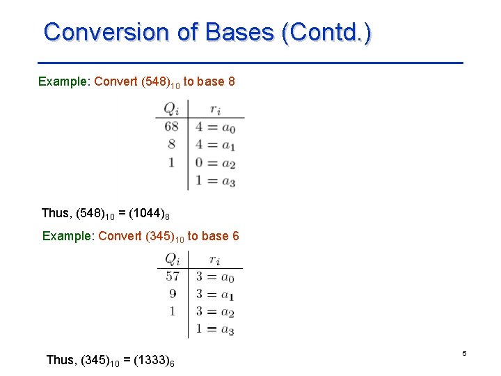 Conversion of Bases (Contd. ) Example: Convert (548)10 to base 8 Thus, (548)10 =