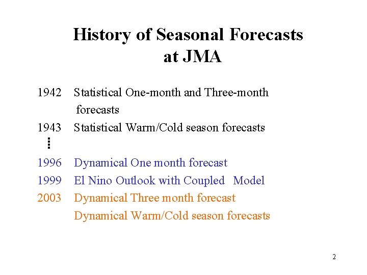 History of Seasonal Forecasts at JMA 1942 Statistical One-month and Three-month forecasts 1943 Statistical