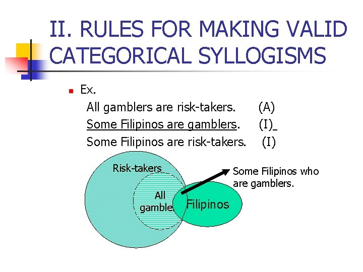 II. RULES FOR MAKING VALID CATEGORICAL SYLLOGISMS n Ex. All gamblers are risk-takers. (A)