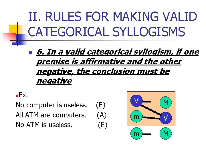 II. RULES FOR MAKING VALID CATEGORICAL SYLLOGISMS n 6. In a valid categorical syllogism,