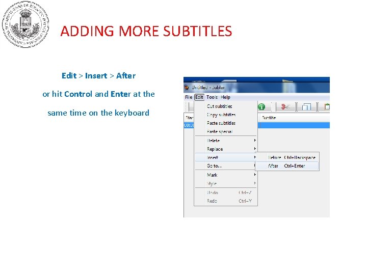 ADDING MORE SUBTITLES Edit > Insert > After or hit Control and Enter at