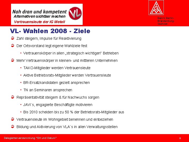 Alternativen sichtbar machen Vertrauensleute der IG Metall Bezirk Berlin. Brandenburg. Sachsen VL- Wahlen 2008