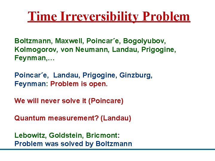 Time Irreversibility Problem Boltzmann, Maxwell, Poincar´e, Bogolyubov, Kolmogorov, von Neumann, Landau, Prigogine, Feynman, …