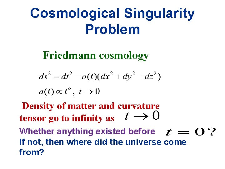 Cosmological Singularity Problem Friedmann cosmology Density of matter and curvature tensor go to infinity