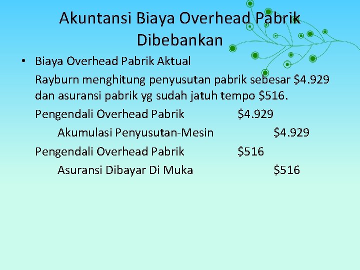 Akuntansi Biaya Overhead Pabrik Dibebankan • Biaya Overhead Pabrik Aktual Rayburn menghitung penyusutan pabrik