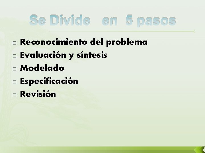 Se Divide en 5 pasos � � � Reconocimiento del problema Evaluación y síntesis