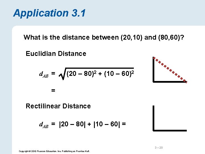 Application 3. 1 What is the distance between (20, 10) and (80, 60)? Euclidian