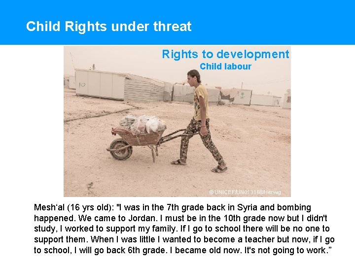 Child Rights under threat Rights to development Child labour © UNICEF/UN 013168/Herwig Mesh‘al (16