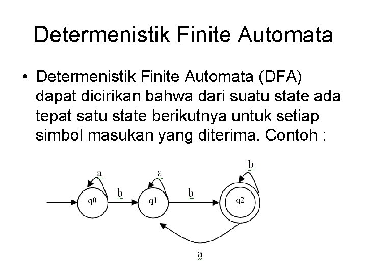 Determenistik Finite Automata • Determenistik Finite Automata (DFA) dapat dicirikan bahwa dari suatu state