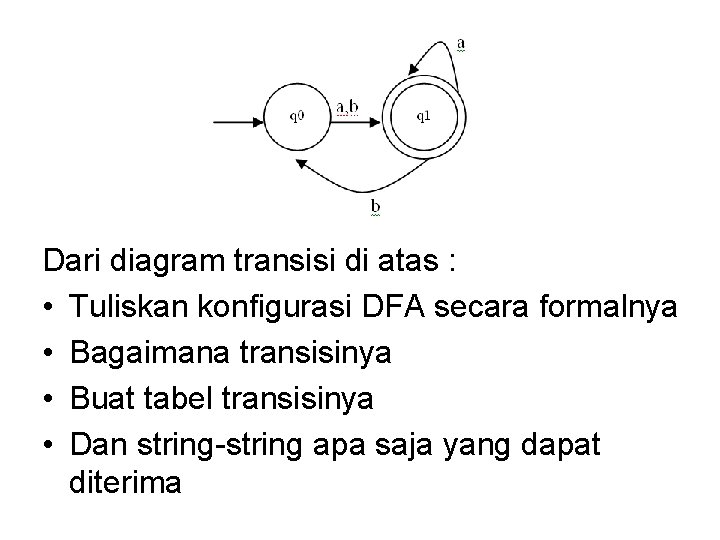 Dari diagram transisi di atas : • Tuliskan konfigurasi DFA secara formalnya • Bagaimana