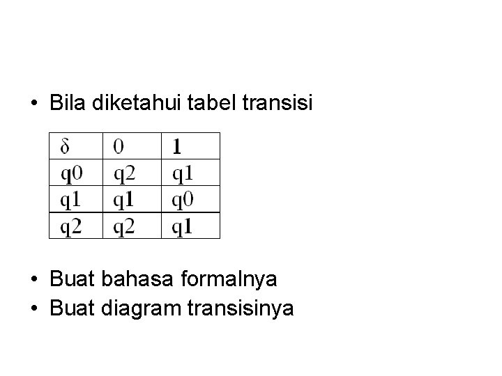  • Bila diketahui tabel transisi • Buat bahasa formalnya • Buat diagram transisinya