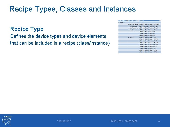 Recipe Types, Classes and Instances Recipe Type Defines the device types and device elements