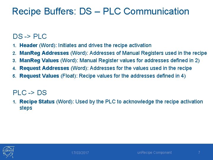 Recipe Buffers: DS – PLC Communication DS -> PLC 1. 2. 3. 4. 5.