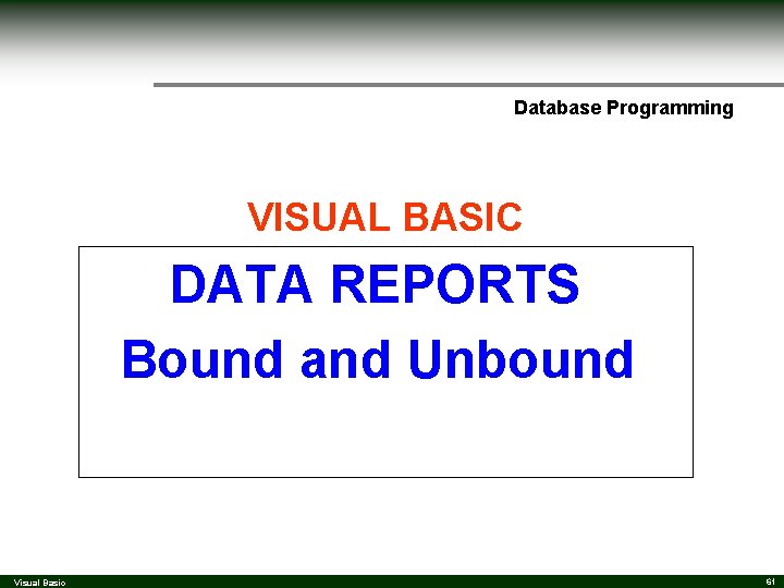 Database Programming VISUAL BASIC DATA REPORTS Bound and Unbound Visual Basic 61 Database Programming VISUAL BASIC DATA REPORTS Bound and Unbound Visual Basic 61