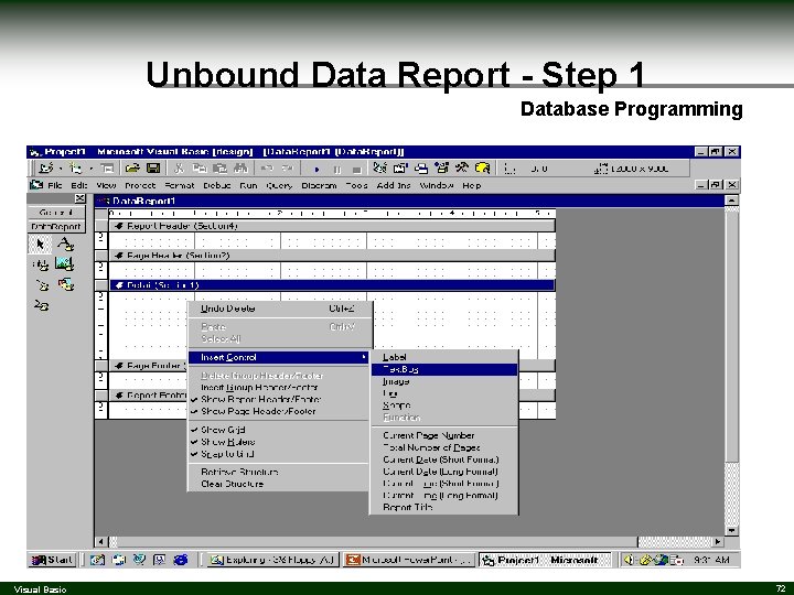 Unbound Data Report - Step 1 Database Programming Visual Basic 72 Unbound Data Report - Step 1 Database Programming Visual Basic 72