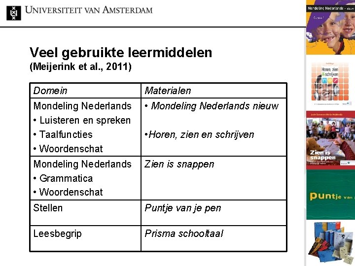 Veel gebruikte leermiddelen (Meijerink et al. , 2011) Domein Materialen Mondeling Nederlands • Luisteren