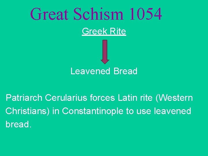Great Schism 1054 Greek Rite Leavened Bread Patriarch Cerularius forces Latin rite (Western Christians)
