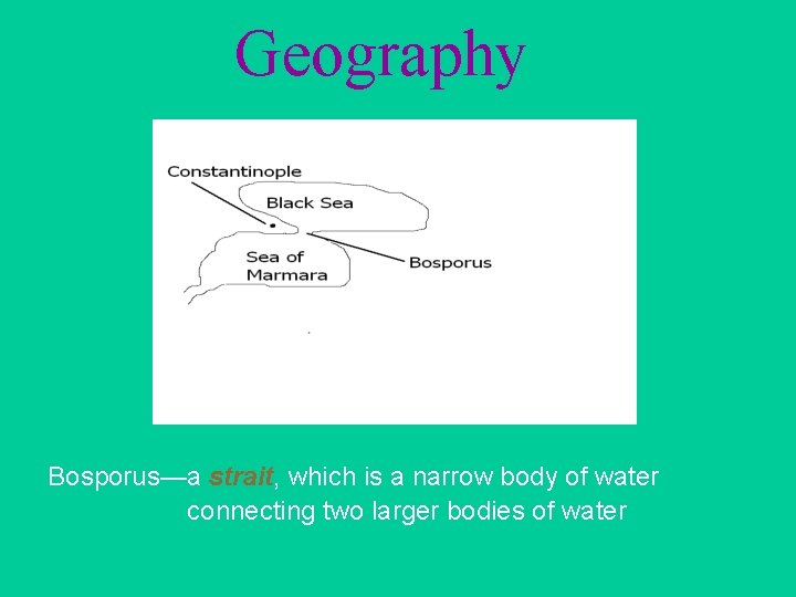 Geography Bosporus—a strait, which is a narrow body of water connecting two larger bodies