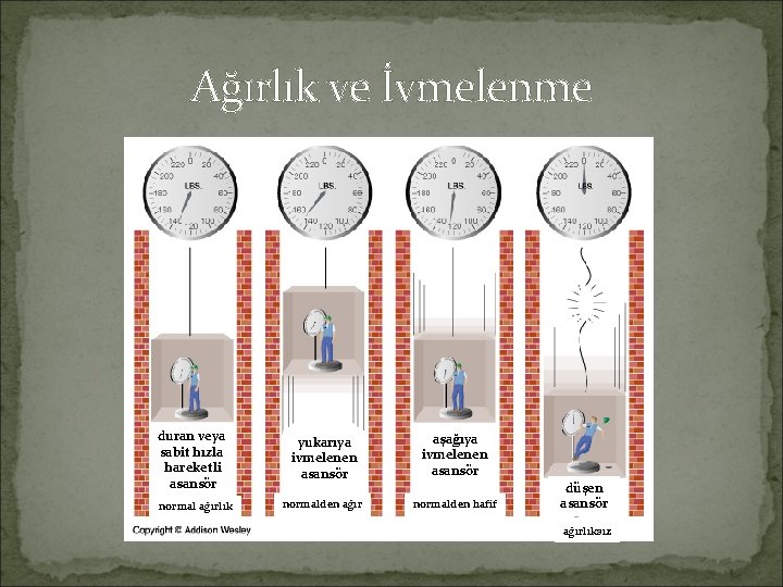 Ağırlık ve İvmelenme duran veya sabit hızla hareketli asansör normal ağırlık yukarıya ivmelenen asansör