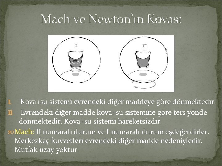 Mach ve Newton’ın Kovası Kova+su sistemi evrendeki diğer maddeye göre dönmektedir. II. Evrendeki diğer