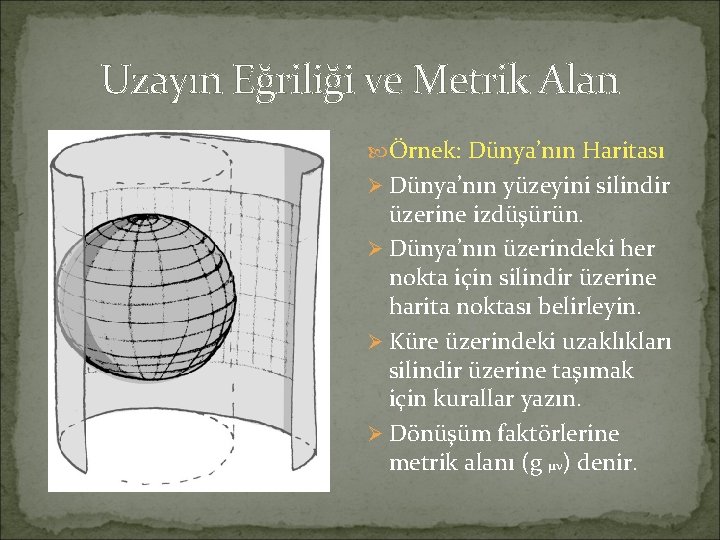 Uzayın Eğriliği ve Metrik Alan Örnek: Dünya’nın Haritası Ø Dünya’nın yüzeyini silindir üzerine izdüşürün.