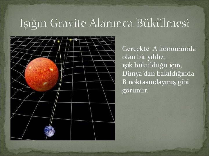 Işığın Gravite Alanınca Bükülmesi Gerçekte A konumunda olan bir yıldız, ışık büküldüğü için, Dünya’dan