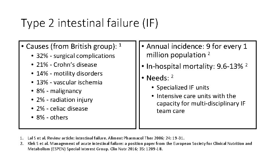 Type 2 intestinal failure (IF) • Causes (from British group): 1 • • 32%
