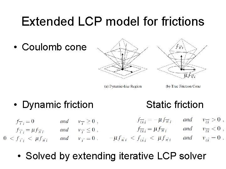 Extended LCP model for frictions • Coulomb cone • Dynamic friction Static friction •