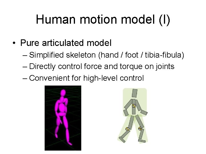 Human motion model (I) • Pure articulated model – Simplified skeleton (hand / foot