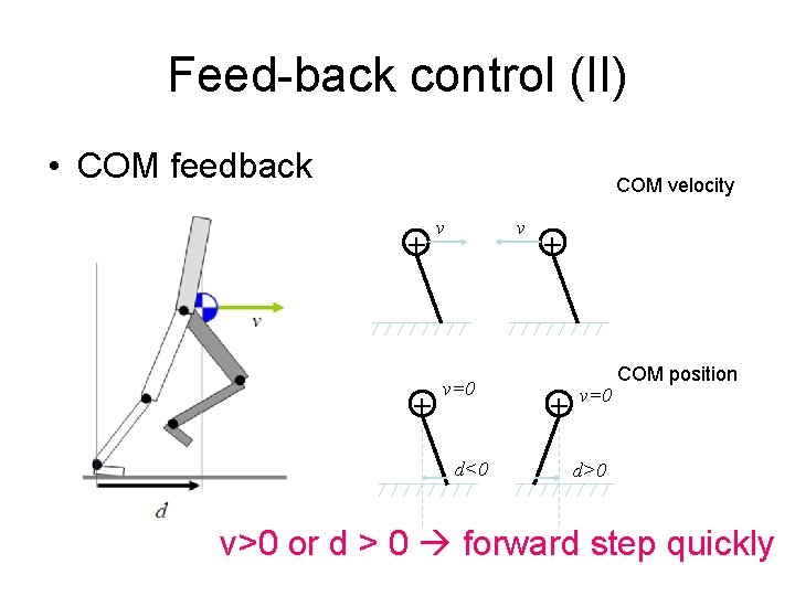 Feed-back control (II) • COM feedback COM velocity + + v v v=0 d<0