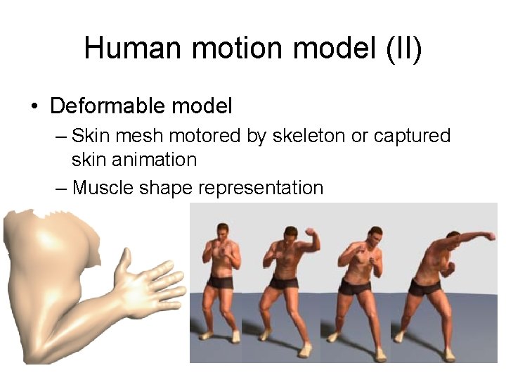 Human motion model (II) • Deformable model – Skin mesh motored by skeleton or