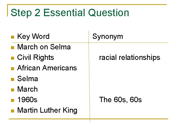 Step 2 Essential Question n n n n Key Word March on Selma Civil